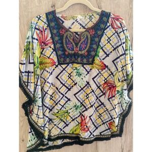 Perfect Fashion Boho Geometric Print‎ Kaftan Top Embroidered Neckline 2XL Fringe